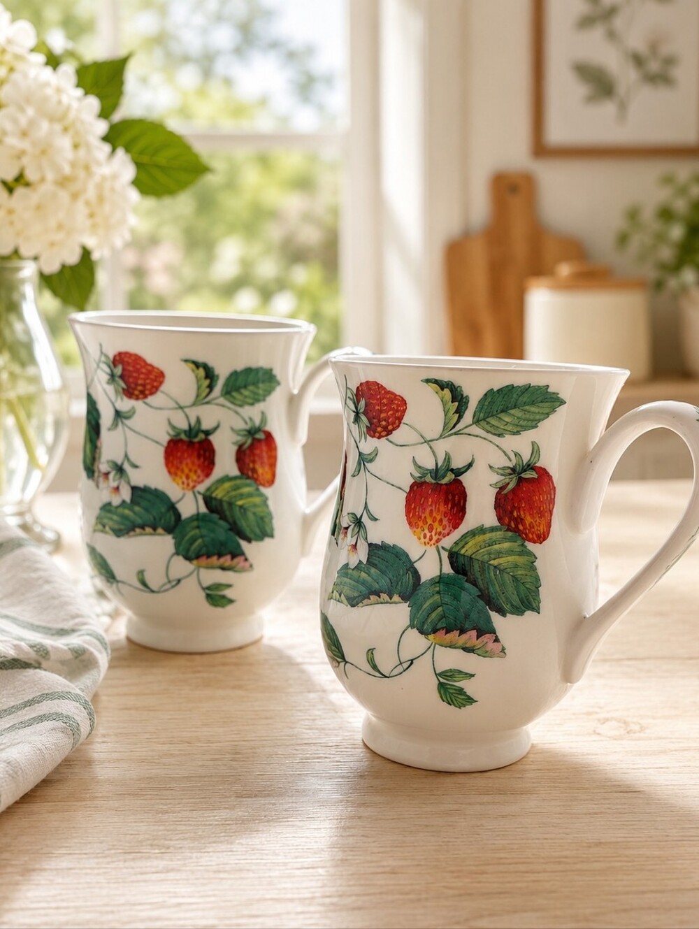 Roy Kirkham Alpine Strawberry Mugs Fine Bone China England Set of 2 Cottagecore